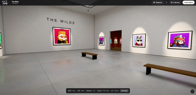 A screenshot of a virtual NFT art gallery titled 'THE WILDS' displaying framed digital artworks featuring colorful monkey and animal characters on a white gallery wall.