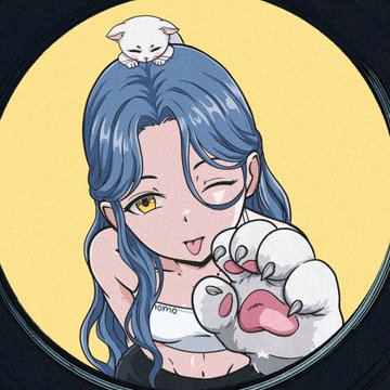 An anime-style illustration shows a blue-haired girl winking while holding a small white bear plush, with a tiny white creature resting on her head.