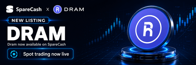 A promotional graphic announcing 'NEW LISTING DRAM' on SpareCash exchange, with text 'DRAM now available on SpareCash' and 'Spot trading now live.'