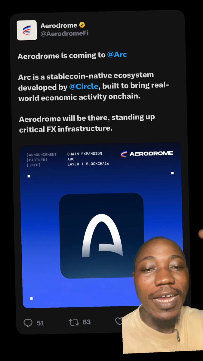 The image shows a man with a large smile, holding up his phone displaying an advertisement for Aerodrome. The advertisement features a blue square logo of the company's name along with a caption that reads "Aerodrome will be live on @arc as an FX infrastructure since day one It's still testnet and no other stablecoin blockchain has done it like this i double dare you to challenge me". The man is standing in front of a black background, making him the main focus of the image.