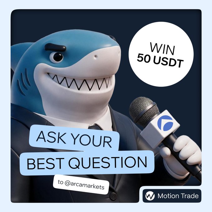 A 3D-rendered shark wearing a suit holds a microphone, promoting a giveaway with text reading "WIN 50 USDT," "ASK YOUR BEST QUESTION to @arcamarkets," and the Motion Trade logo, matching the post's call for audience questions during a Builders Hub live session.