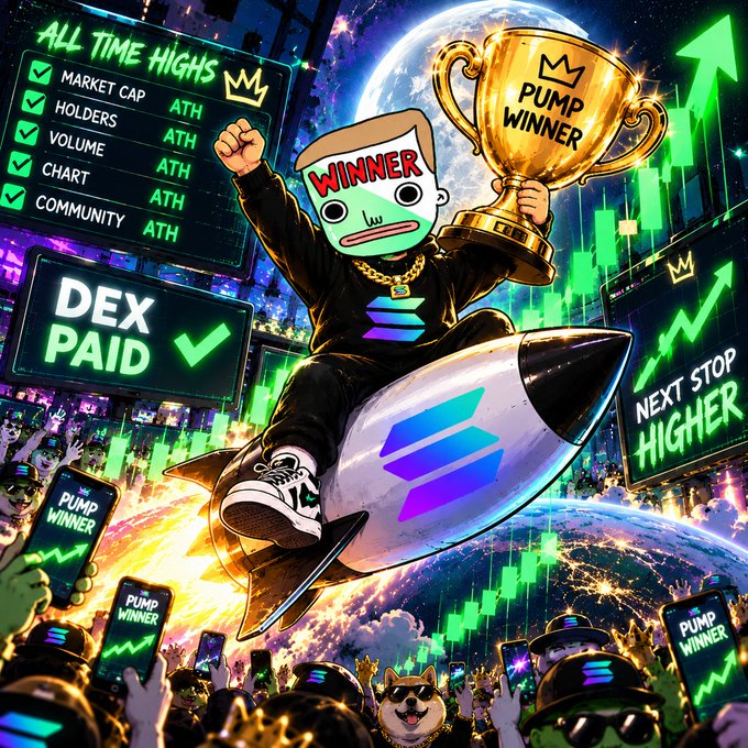 A vibrant, cartoonish illustration of a character wearing a 'WINNER' mask holding a 'PUMP WINNER' trophy while riding a rocket with the Solana logo, celebrating all-time highs in market cap, holders, volume, chart, and community, with 'DEX PAID' and 'NEXT STOP HIGHER' signs.