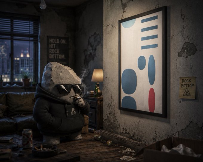 A rock character wearing sunglasses and a hoodie smokes in a gritty apartment beneath a framed abstract artwork, with signs reading "HOLD ON, HIT ROCK BOTTOM." and "ROCK BOTTOM" on the walls—illustrating the post's joke about a rock "spousing up" his place by buying a "pebble" artwork.