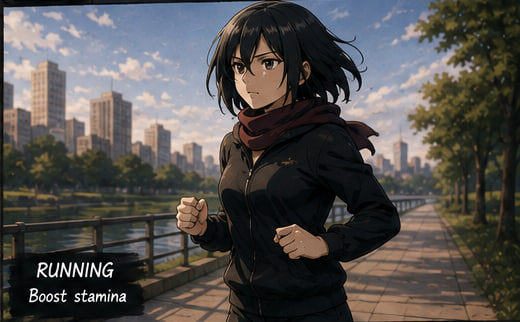 An anime-style illustration of a dark-haired girl in a black hoodie and red scarf jogging along a riverside path with a city skyline, labeled 'RUNNING - Boost stamina'.