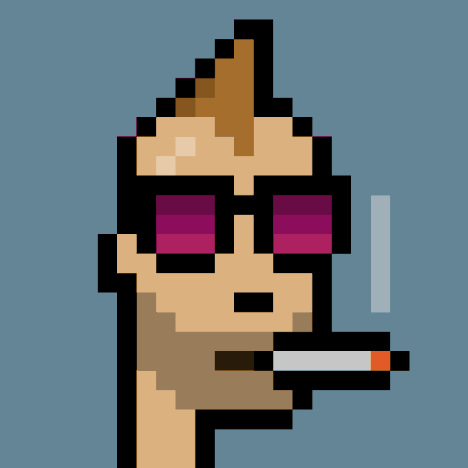 A pixel art image of a CryptoPunk character, specifically Punk #3860, featuring a distinctive pointed brown mohawk hairstyle, magenta-tinted sunglasses, and a cigarette in its mouth, set against a blue background. The artwork represents the NFT that was purchased for 42 ETH ($71,288 USD).