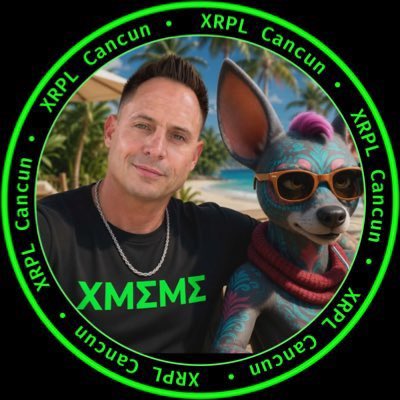 The image features a man wearing sunglasses, a black t-shirt with green text that says "XMEME", and a dog wearing sunglasses. The background of the image shows palm trees and a beach setting. The caption for the image reads: "Today I want to give a shout out to @Stone_XRPL Stone is a major Community builder in the $XRP ecosystem. I met Stone in person in XRP Las Vegas and he was a judge for XRP Las Vegas Shark Tank. I’ve also had the opportunity to participate in Stone's daily X Spaces called:".