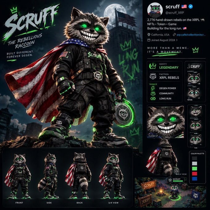 Digital character design sheet for 'SCRUFF - THE REBELLIOUS RACCOON', an XRP-branded NFT with 2,776 hand-drawn rebels, shown in multiple views with a color palette and Twitter details for @scruff_XRP.