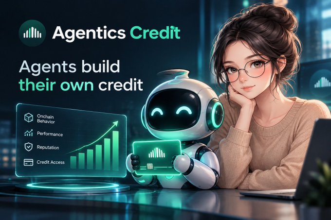 An advertisement for 'Agentics Credit' featuring an anime-style woman with glasses next to a white robot holding a glowing green credit card, with text reading 'Agents build their own credit' and metrics like 'Onchain Behavior', 'Performance', 'Reputation', and 'Credit Access'.