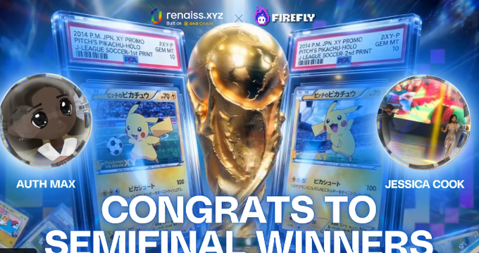 A promotional graphic from renaliss.xyz x FIREFLY congratulating 'SEMIFINAL WINNERS' AUTH MAX and JESSICA COOK, displaying Pokémon World Championships soccer Pikachu cards and a golden trophy.
