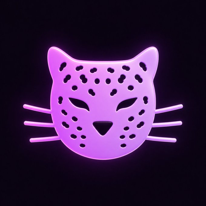 A neon purple stylized cat mask with spots, pointed ears, and whiskers displayed against a black background.