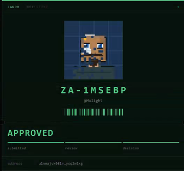 Pixel art character approval screen with text 'ZA-1MSEBP', '#Mulight', 'APPROVED', and 'submitted' status.