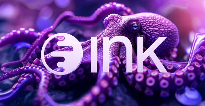 A stylized purple octopus with sprawling tentacles serves as the backdrop for the white "Ink" logo and accompanying circular emblem. The cephalopod's many limbs visually echo the post's message about InkOnchain's expanding network reach and the surging capital flowing into the Kraken-backed L2.