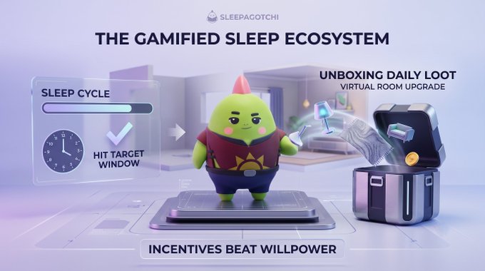 A promotional graphic for 'Sleepagotchi' titled 'THE GAMIFIED SLEEP ECOSYSTEM' featuring a green character with a sleep cycle meter, tagline 'INCENTIVES BEAT WILLPOWER', and 'UNBOXING DAILY LOOT VIRTUAL ROOM UPGRADE'.