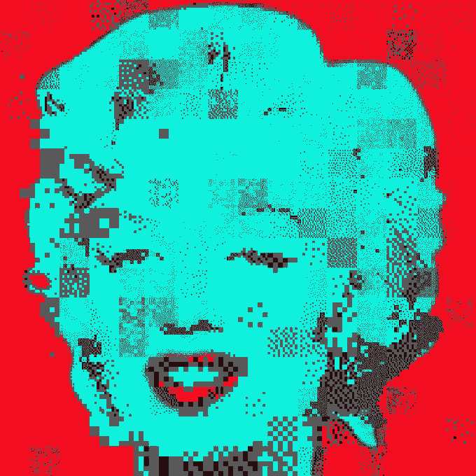 The image features a digital art piece of a woman's face, rendered in an abstract style with a blue background. The woman appears to be wearing a bow tie, adding a touch of elegance to her appearance. The image also includes text that reads "TBAM 0x1346...38b2 acquired for 0.0051 WETH by !". This information suggests the artist may have used a scanning technique or a digital art software to create this piece.