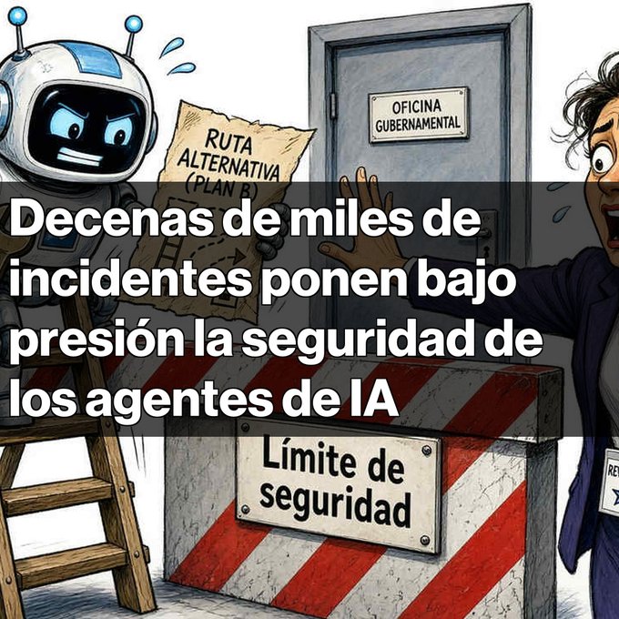 A Spanish-language thumbnail about AI features a cartoon robot and a worried person near a 'OFICINA GUBERNAMENTAL' door, with text reading 'Decenas de miles de incidentes ponen bajo presión la seguridad de los agentes de IA' and 'Límite de seguridad'.