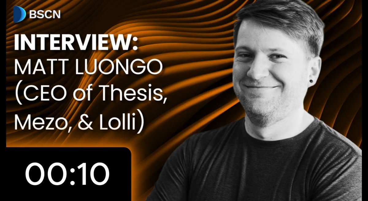 The image features a man wearing a black shirt with the words "EXCLUSIVE: 50-MINUTES WITH MATT LUONGO" written above him. The background of the image is orange, which complements the black shirt. The text in the image reads, "EXCLUSIVE: 50-MINUTES WITH MATT LUONGO (CEO OF THESIS, MEZO, LOLLI) We sat down with @mhluongo , Founder and/or CEO of @thesis_co , @MezoNetwork , @trylolli , and many others, for one of the frankest conversations around $BTC, yield, and many other aspects of the crypto ecosystem."