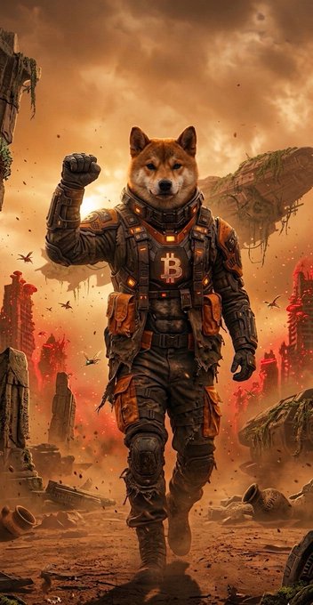 The image features a dog dressed as a robot, walking through a desert-like setting with buildings scattered around. The caption of the image reads "HODL YOUR $DOG", which seems to be a reference to Bitcoin or cryptocurrency.