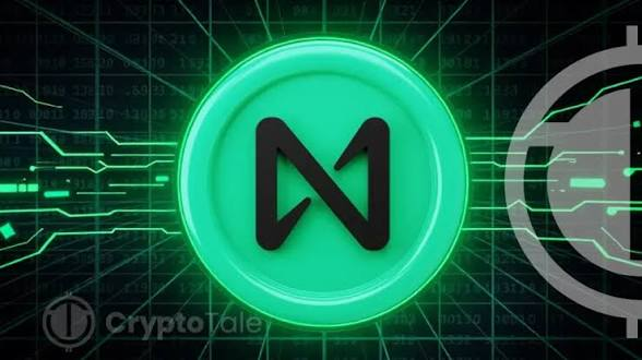 A glowing green circular logo featuring a stylized 'M' is displayed against a digital grid background with a 'CryptoTale' watermark.