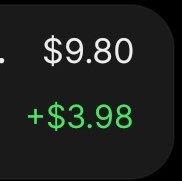 The image shows a stock or crypto gain of "+$3.98" on a $9.80 position, displayed in green on a dark background. It illustrates the "How it started vs. Now" moment referenced in the post, highlighting the trader's profit from the casino-style coin gamble.