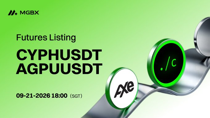 MGBX announces new perpetual futures listings for CYPHUSDT and AGPUUSDT, with trading opening September 21, 2026 at 18:00 SGT, displayed on a green promotional graphic featuring the MGBX logo and metallic circular tokens.