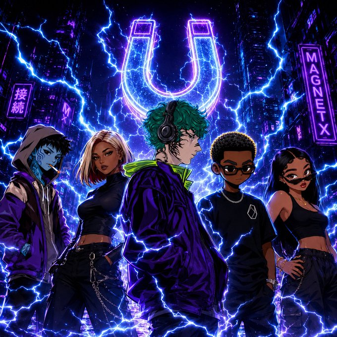 A vibrant cyberpunk-style illustration of five stylized anime characters standing in front of a massive glowing neon magnet (U-shaped) surrounded by blue lightning, with a 'MAGNET X' sign on a building in the background.