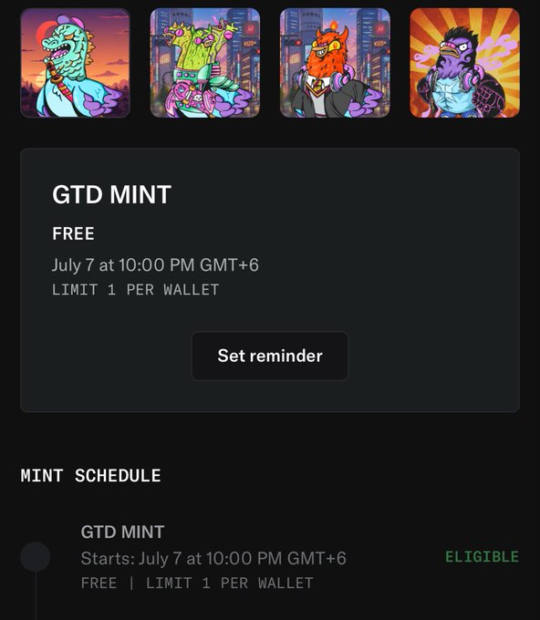 The image displays details for the "GTD MINT" which is scheduled for FREE minting on July 7 at 10:00 PM GMT+6 with a limit of 1 per wallet, relating to the upcoming Wingston project mentioned in the post.
