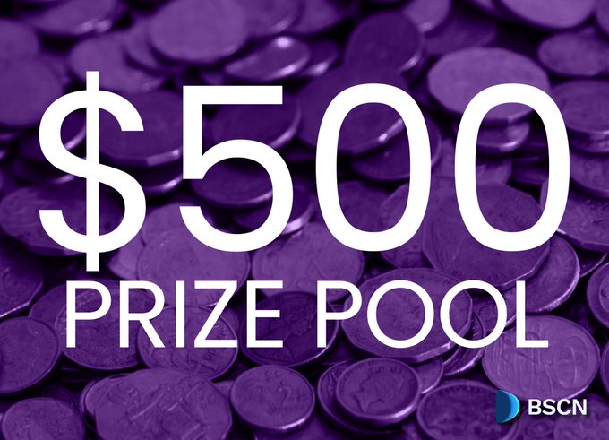 A promotional graphic with a purple background of coins displays large white text reading '$500 PRIZE POOL' with a 'BSCN' logo in the bottom right corner.
