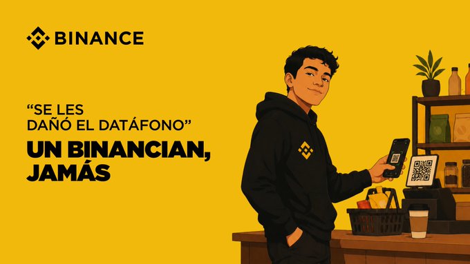 The image is a Binance promotional graphic featuring a young man in a black hoodie scanning a QR code at a store counter with his phone, set against a yellow background. The visible text includes the Binance logo, the phrase "SE LES DAÑÓ EL DATÁFONO" UN BINANCIAN, JAMÁS"—directly tying to the post's message about using QR payments as a backup when card terminals fail.