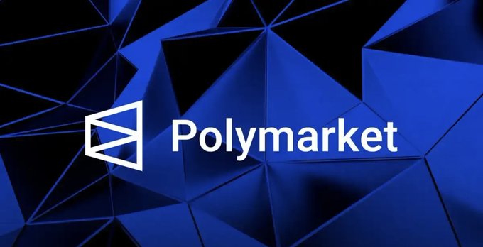 The image shows the Polymarket logo (a white triangular icon) and the name "Polymarket" displayed against a dark blue, geometric, low-poly background, visually representing the platform's bold brand identity as highlighted in the post about its expansion into perpetual futures trading.