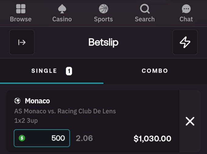 A sports betting app interface showing a Betslip with a single $500 bet on AS Monaco vs. Racing Club De Lens at 2.06 odds, totaling $1,030.00.