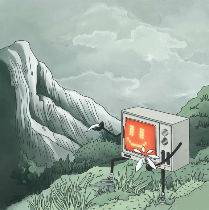 An illustration of an anthropomorphic retro television character holding a flower in a grassy mountain landscape.