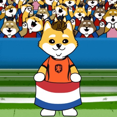 An animated Shiba Inu dog wearing an orange Netherlands soccer jersey stands on a green field, holding the Dutch flag (red, white, and blue horizontal stripes), while a crowd of similarly drawn Shiba Inu spectators cheers from the stadium stands.