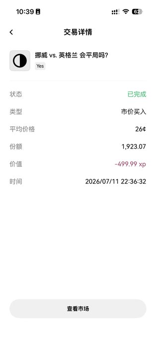 A screenshot of a OKX transaction details page in Chinese shows a completed market buy order on the market titled "挪威 vs. 英格兰 会平局吗?" (Will Norway vs. England be a draw?) with a "Yes" outcome, an average price of 26¢, 1,923.07 shares, and a value of -499.99 xp at 22:36:32 on 2026/07/11, reflecting the user's bet on a Norway-England upset despite the odds favoring Norway.