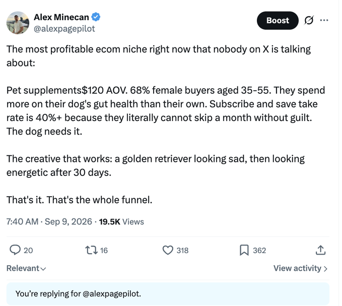 A tweet from Alex Minecan (@alexpagepilot) claiming pet supplements for gut health are the most profitable ecom niche, highlighting a $120 AOV, 68% female buyers aged 35-55, and a 40%+ subscribe-and-save retention rate.