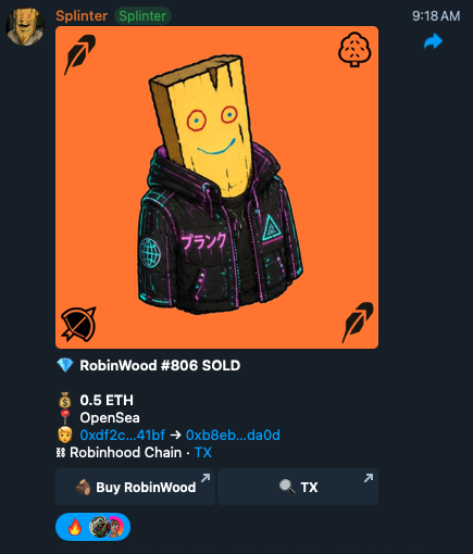 NFT marketplace notification showing 'RobinWood #806 SOLD' for 0.5 ETH on OpenSea by Splinter, featuring a wooden plank character in a cyberpunk jacket.
