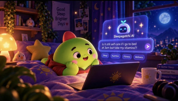 A 3D animated green character wearing a red nightcap uses a laptop labeled 'Sleepagotchi AI' in a cozy bedroom scene, with the message 'Is it still self care if I go to bed at 3am but take my vitamins?!'