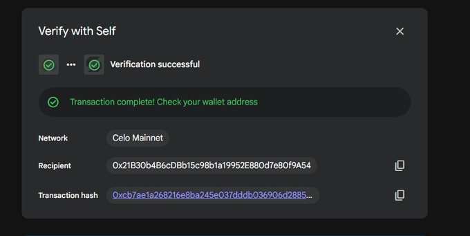 A "Verify with Self" success screen displays a completed transaction on the Celo Mainnet, with a recipient address of 0x21830b4B6cDBb15c98b1a19952E880d7e80f9A54 and transaction hash starting with 0xcb7ae1a268216e8ba245e037dddb036906d2885, providing on-chain proof of an instant $5 payment.