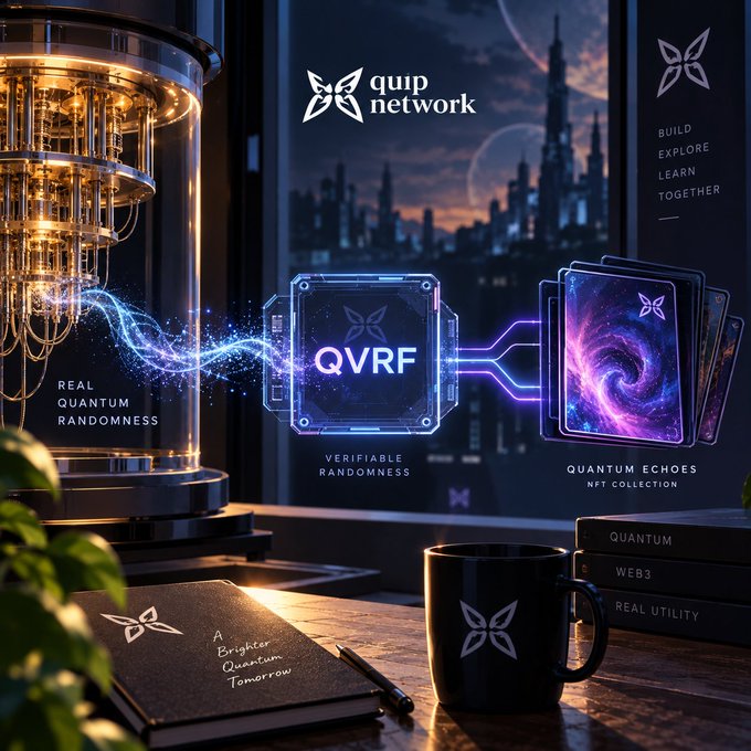 Digital poster for 'quip network' showcasing 'QVRF - Verifiable Randomness' connected to quantum computing hardware and a 'Quantum Echoes NFT Collection'.