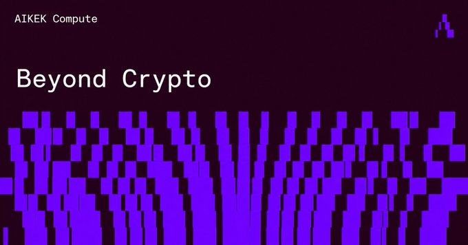 A purple and black graphic with the text 'AIKEK Compute' and 'Beyond Crypto' features a glitch-art style with vertical pixelated bars.