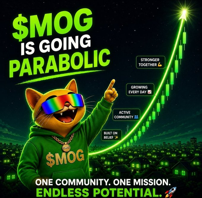 A promotional graphic featuring a cartoon cat in a green hoodie with rainbow sunglasses, with text reading '$MOG IS GOING PARABOLIC', 'STRONGER TOGETHER', 'GROWING EVERY DAY', 'ACTIVE COMMUNITY', 'BUILT ON BELIEF', 'ONE COMMUNITY. ONE MISSION. ENDLESS POTENTIAL.'
