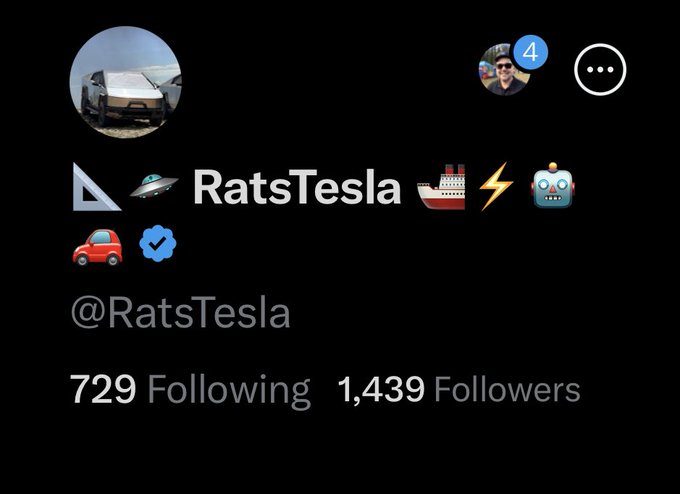 A social media profile for @RatsTesla with 729 Following and 1,439 Followers, featuring Tesla and crypto-themed emojis.