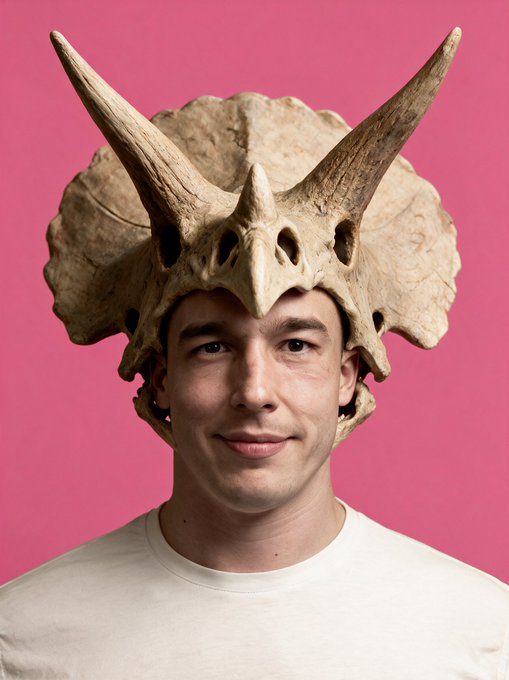 A portrait of a young man smiling slightly while wearing a large triceratops dinosaur skull on his head, set against a bright pink background.
