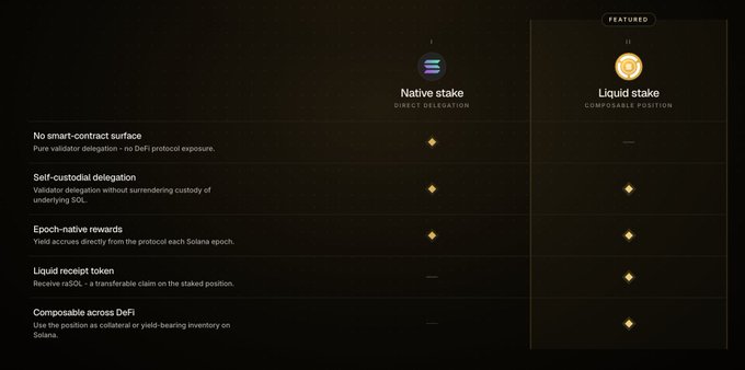 A comparison chart contrasting Native Stake (direct delegation) vs Liquid Stake (composable position) on Solana, highlighting features like epoch-native rewards, liquid receipt tokens, and composable DeFi use.