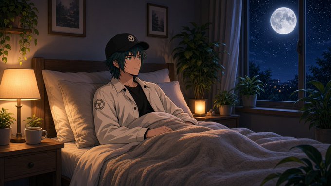 An anime-style illustration of a blue-haired character wearing a cap and white jacket sitting in bed at night, with a full moon visible through the window and plants surrounding the room.