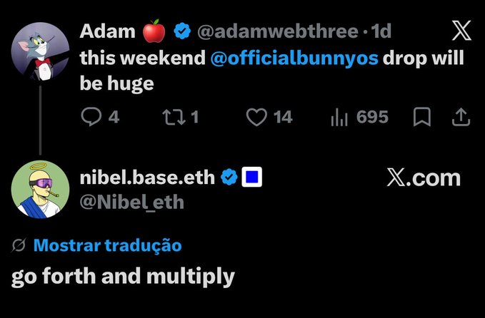 The image shows a Twitter post from Adam WebThree, which includes two other posts. The first post is about an upcoming event for @officialbunnyos, while the second post is about @Nibel_eth's interaction with the @base and @virtuals ecosystems. Both posts are in English, but there are some differences in their content. The main difference is that the first post focuses on a specific event related to @officialbunnyos, whereas the second post seems to be more general or unrelated to any particular person or group of people.