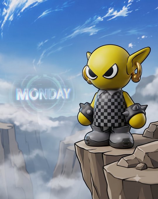 Digital illustration of a yellow chibi-style character with pointed ears, gold earrings, spiked bracelets, and a checkered vest standing on a rocky cliff, with 'MONDAY' displayed in a glowing blue HUD-style interface.
