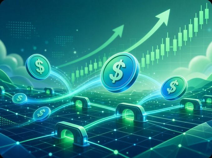 Illustrated graphic showing floating dollar sign coins above a futuristic digital landscape with green upward arrows and candlestick charts, depicting financial growth.