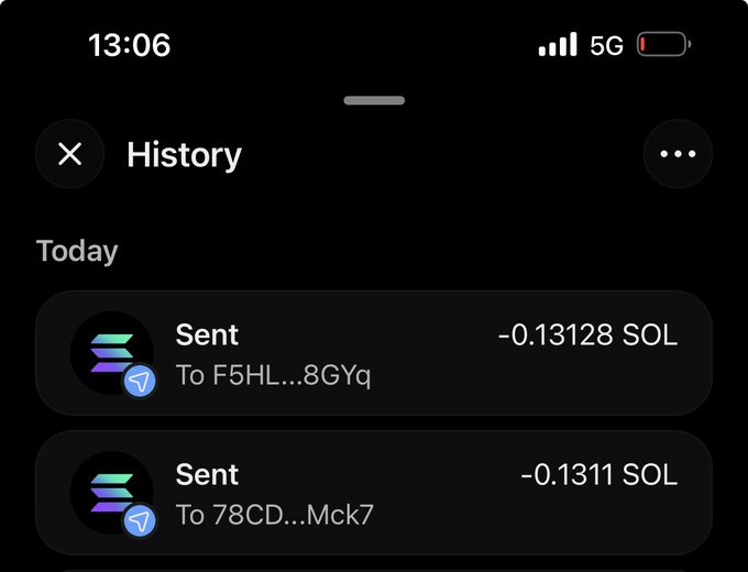 A mobile app history screen showing two 'Sent' transactions of -0.13128 SOL and -0.1311 SOL on a dark background.