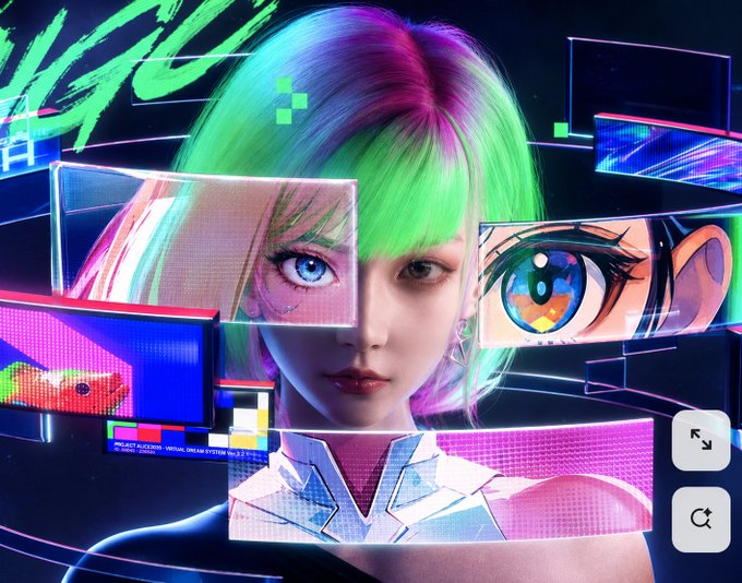 A cyberpunk-style digital portrait of a girl with vibrant neon hair is surrounded by floating holographic screens, including one displaying a pixelated eye and another showing a red "Canborsa" logo, visually connecting to the Canborsa DEX launch on Canton mentioned in the post with tokenized assets like $META and $GOOGL.