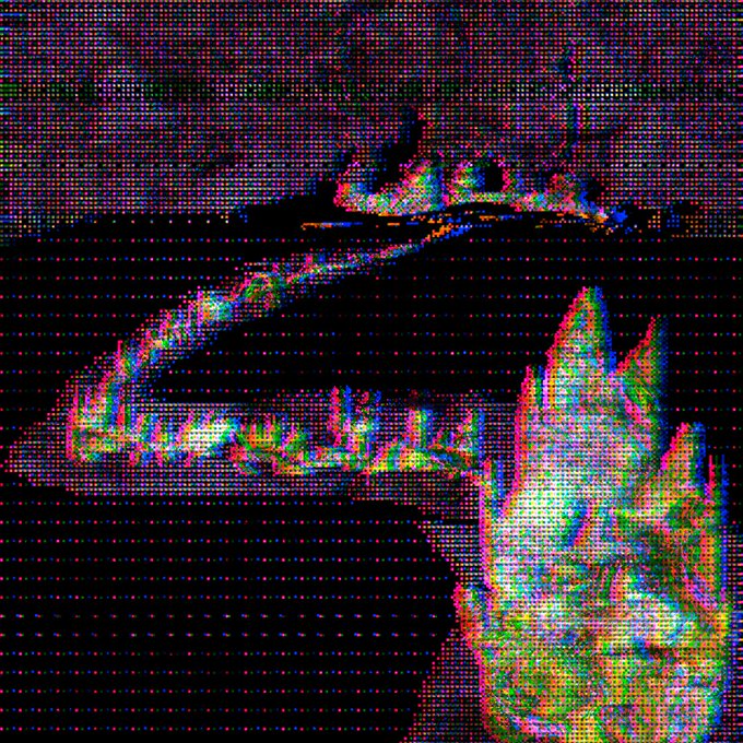 A glitch art image showing an eye and a hand, distorted by heavy pixelation and colorful noise artifacts.